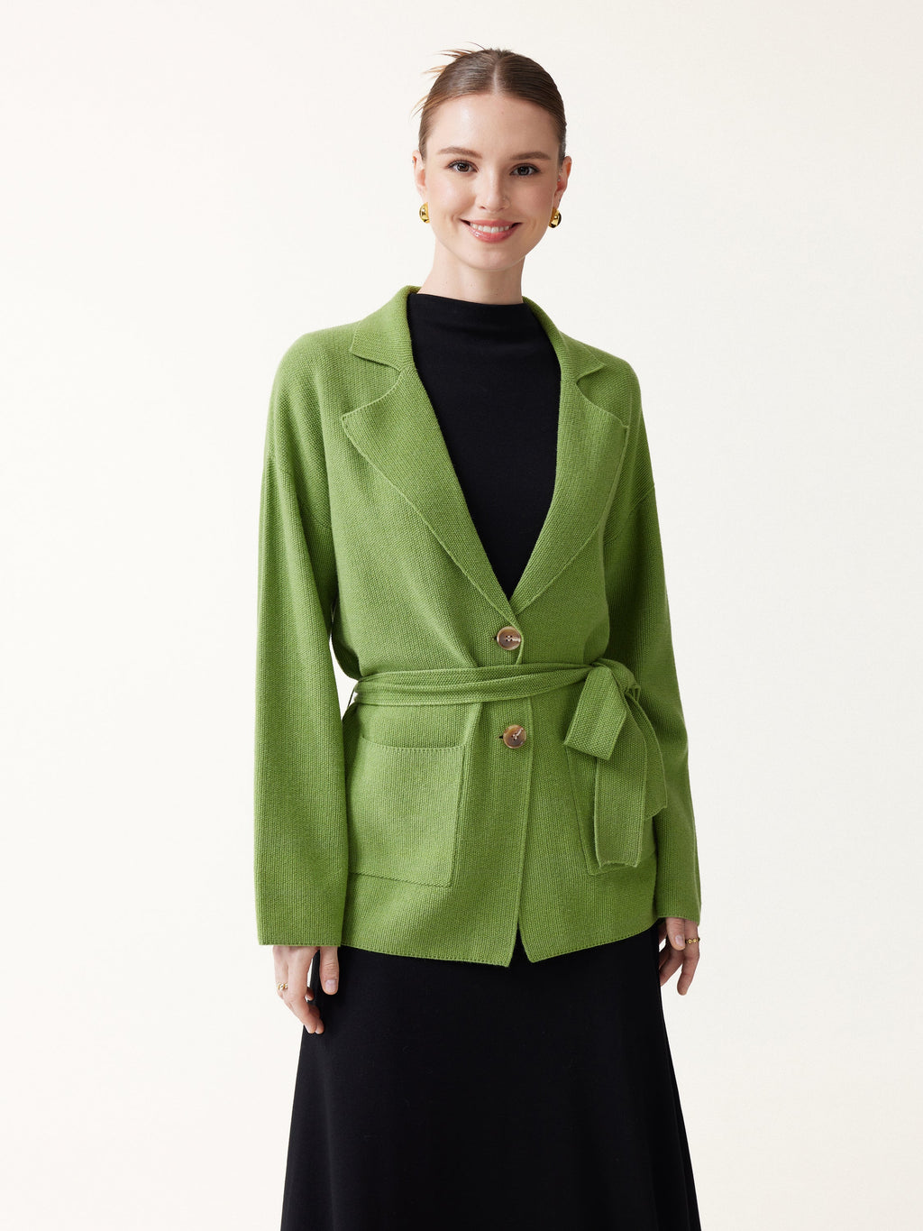 Merino Blend Peaked Lapel Long Sleeve Belted Cardigan with Pockets