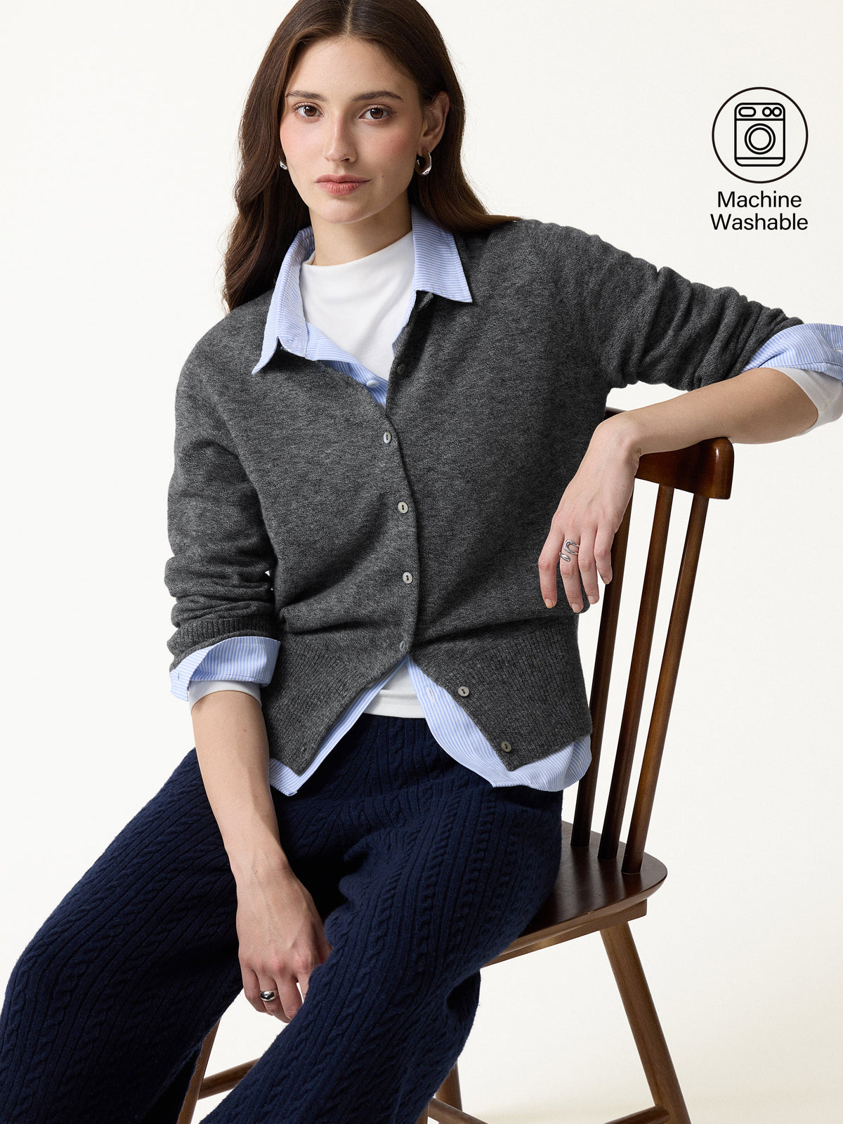 100% Merino Wool Crew Neck Long Sleeve Button-Front Cardigan