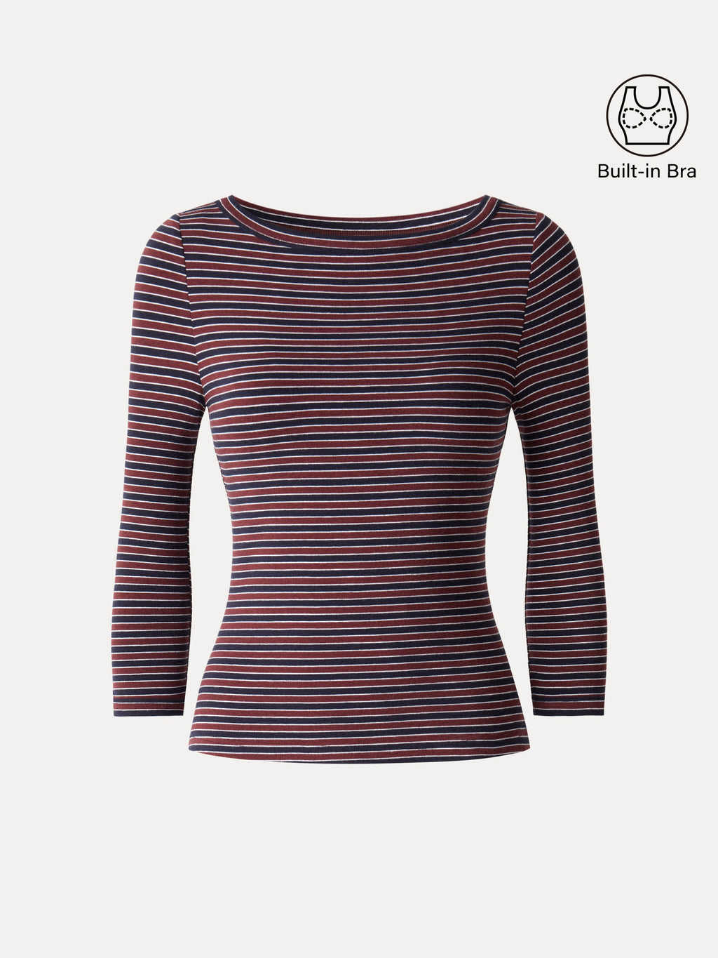 LiteWarm Striped Parisian Boatneck 3/4 Sleeve Built-In Bra Top 2.0