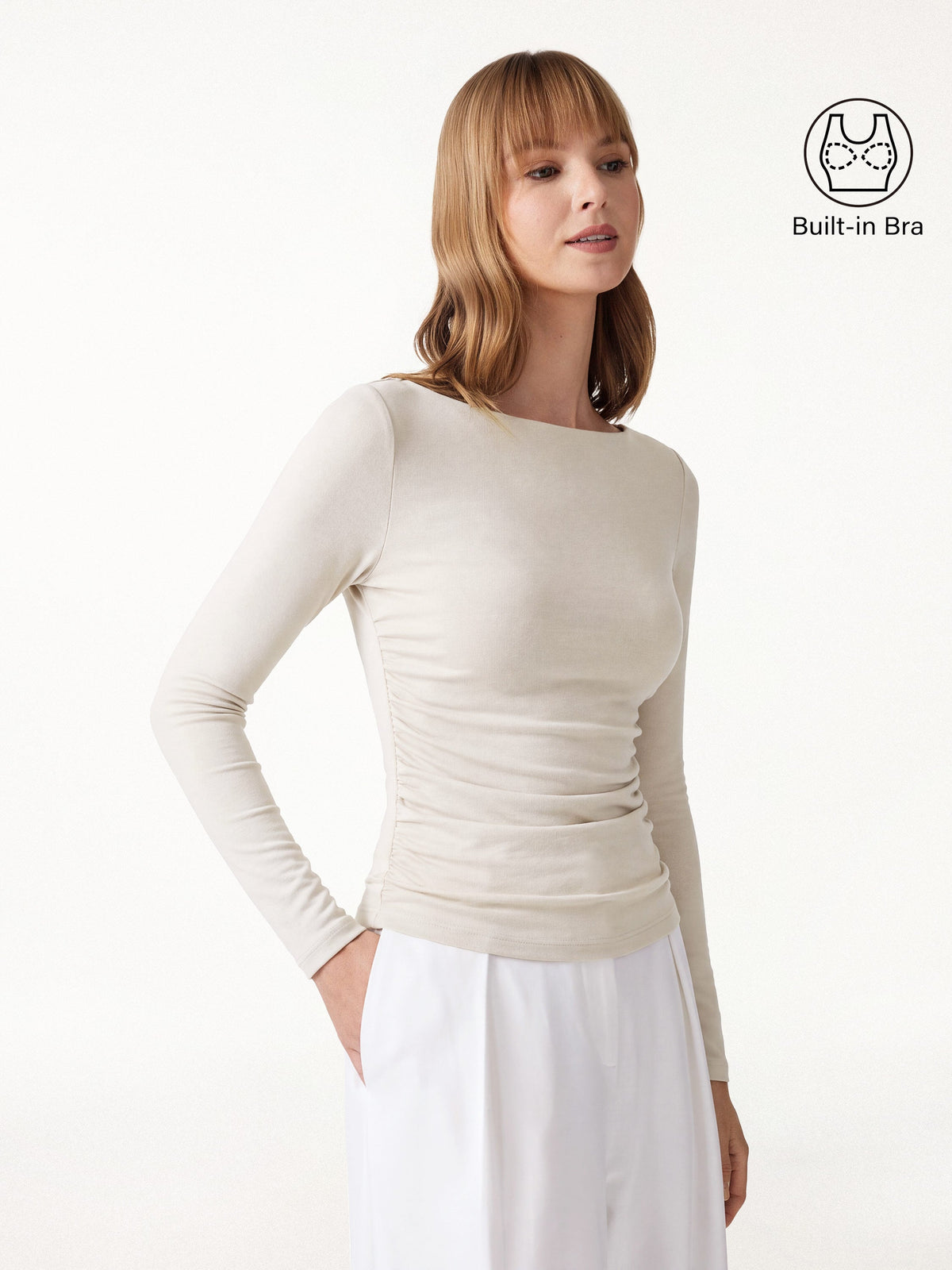 LiteWarm Boatneck Ruched Built-In Bra Top
