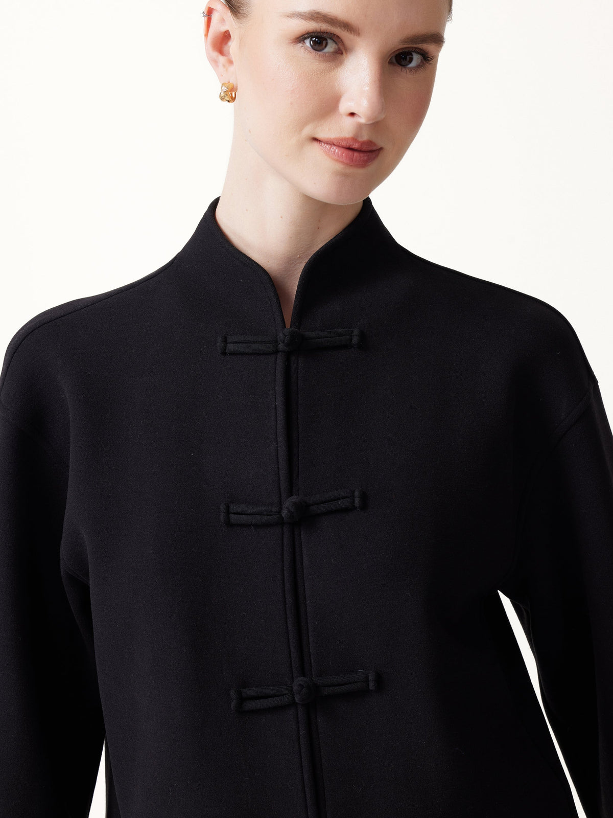 FuzzLuxe Mandarin Collar Frog-Button Jacket with Pockets