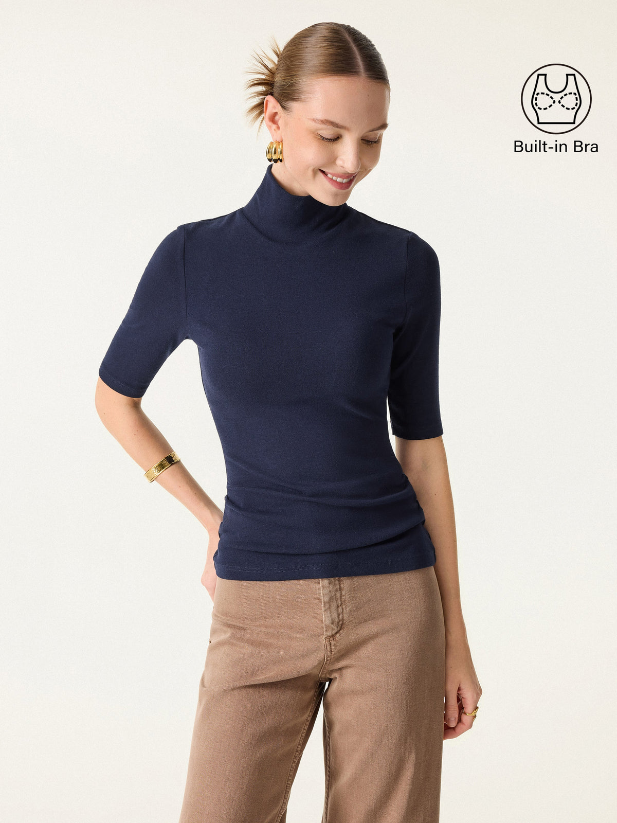 LiteWarm Essential Turtleneck Elbow Length Sleeve Built-In Bra Top 3.0