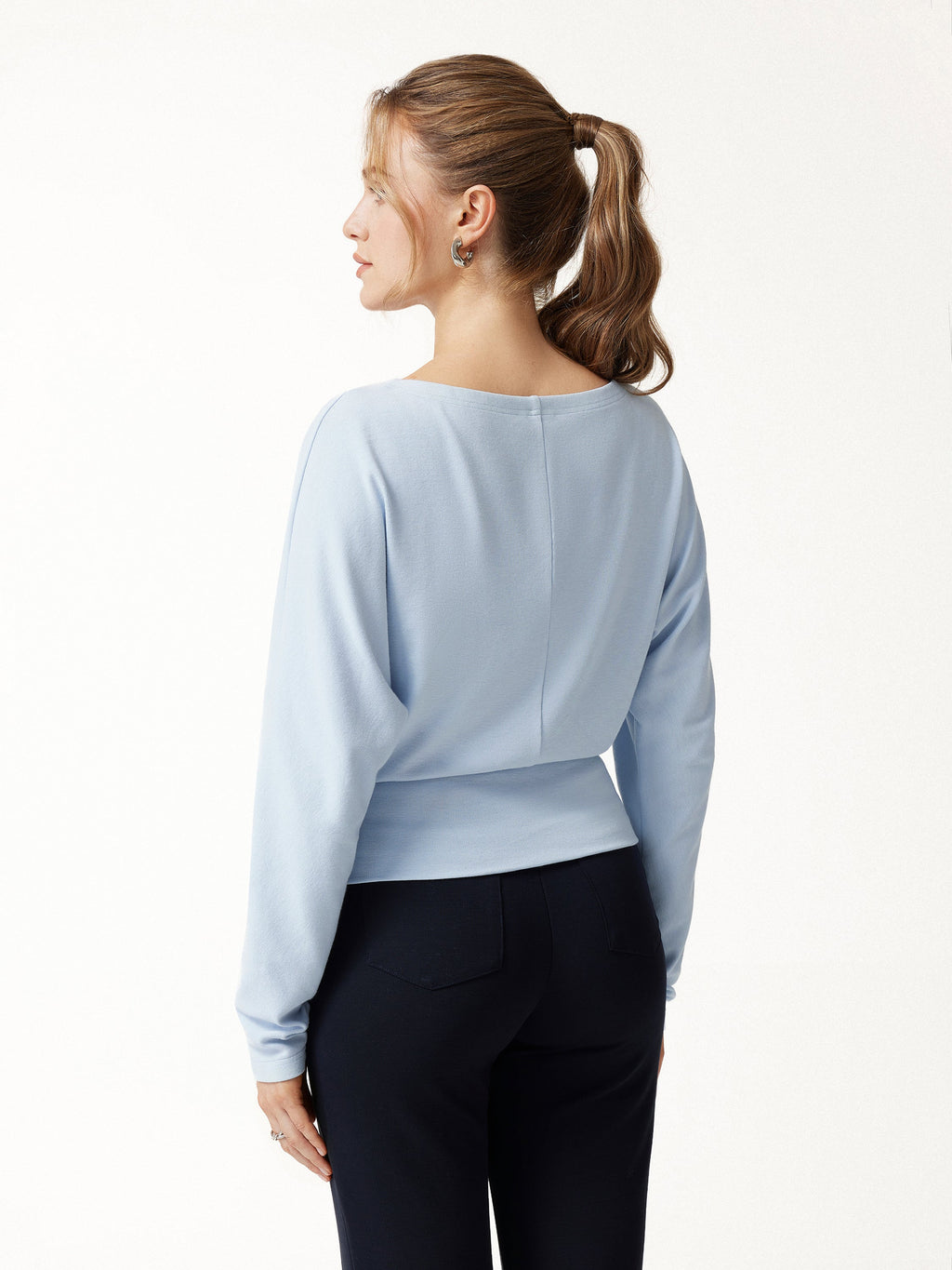LiteWarm Slash Neck Batwing Sleeve Cinched Waist Top