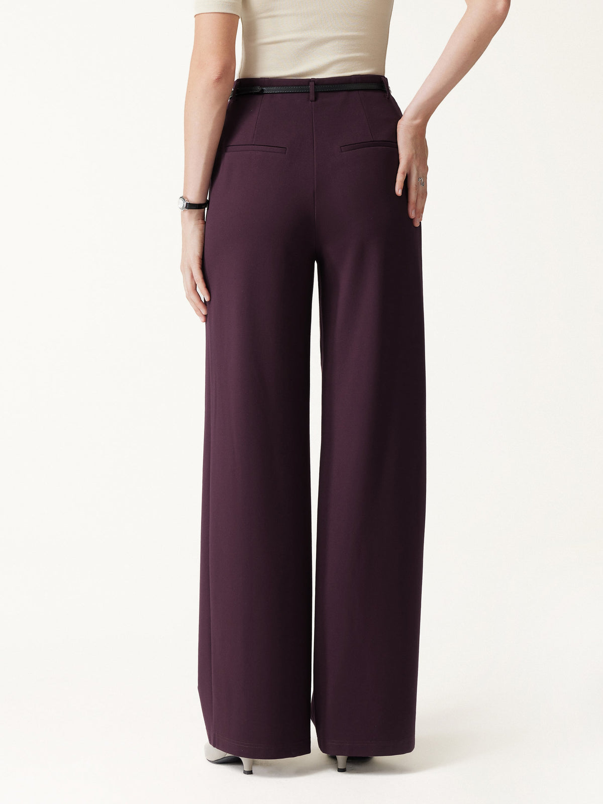 Stretch Ponte High-Rise Belted Wide-Leg Pants with Pockets