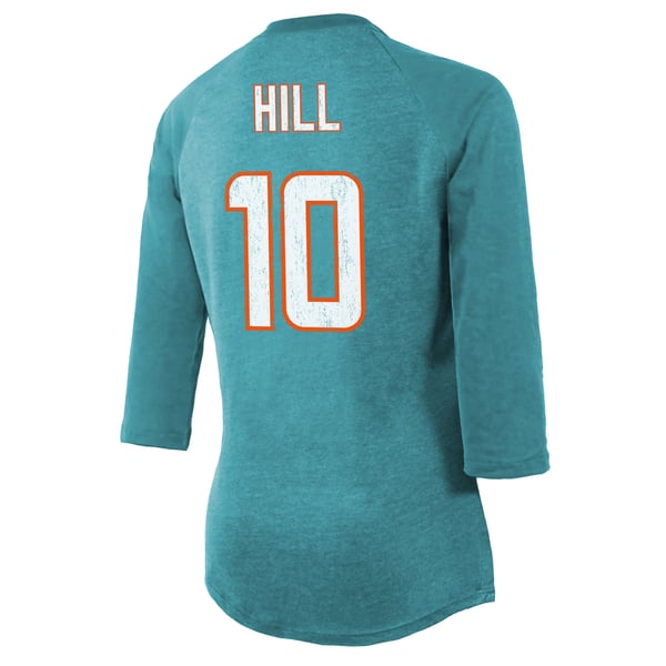 Tyreek Hill Miami Dolphins Majestic Threads Women's Name & Number Raglan 3/4 Sleeve T-Shirt - Aqua