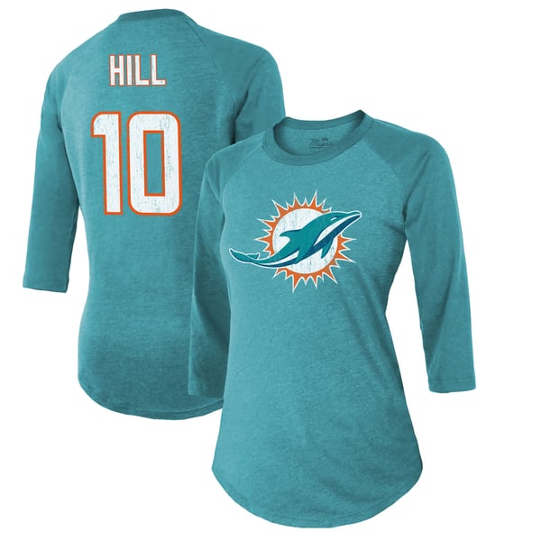 Tyreek Hill Miami Dolphins Majestic Threads Women's Name & Number Raglan 3/4 Sleeve T-Shirt - Aqua