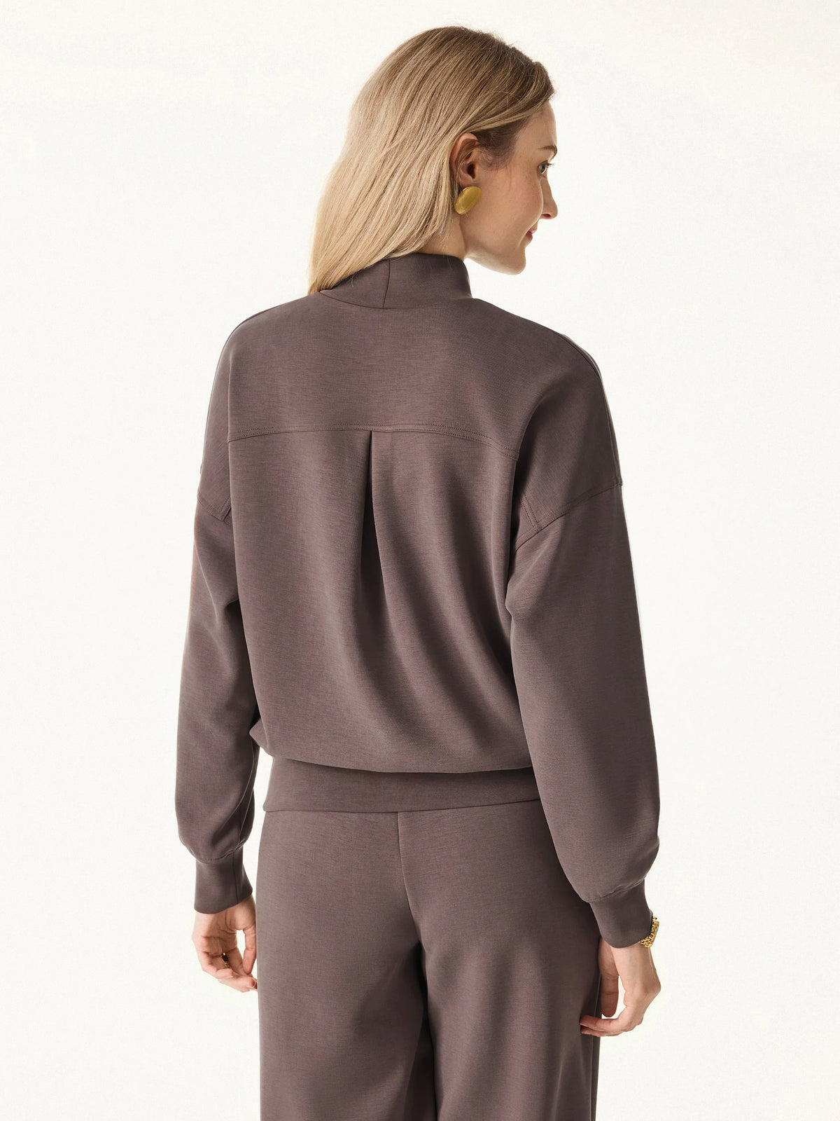 2Pcs Set Mockneck Long Sleeve Shirt & High-Rise Wide Leg Pants with Pockets