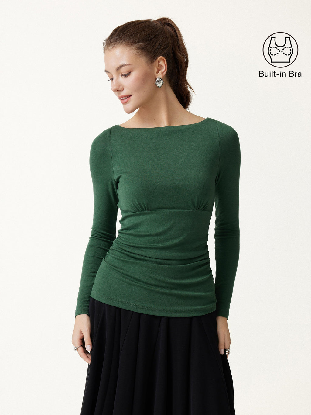 LiteWarm Boatneck Long Sleeve Ruched Built-In Bra Top 2.0