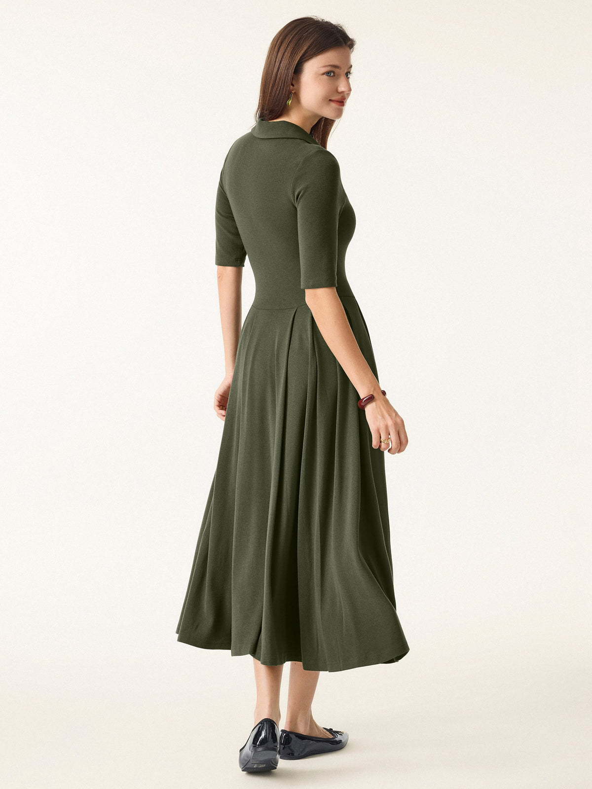 LiteWarm Polo Neck Elbow Length Sleeve Midi Built-In Bra Dress 2.0 with Pockets