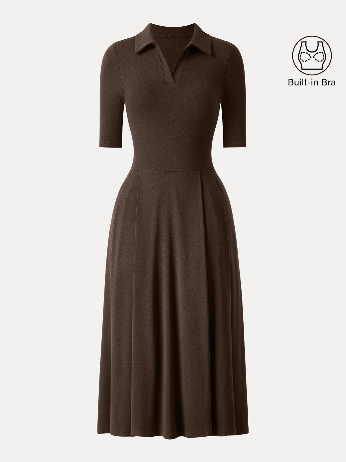 LiteWarm Polo Neck Elbow Length Sleeve Midi Built-In Bra Dress 2.0 with Pockets