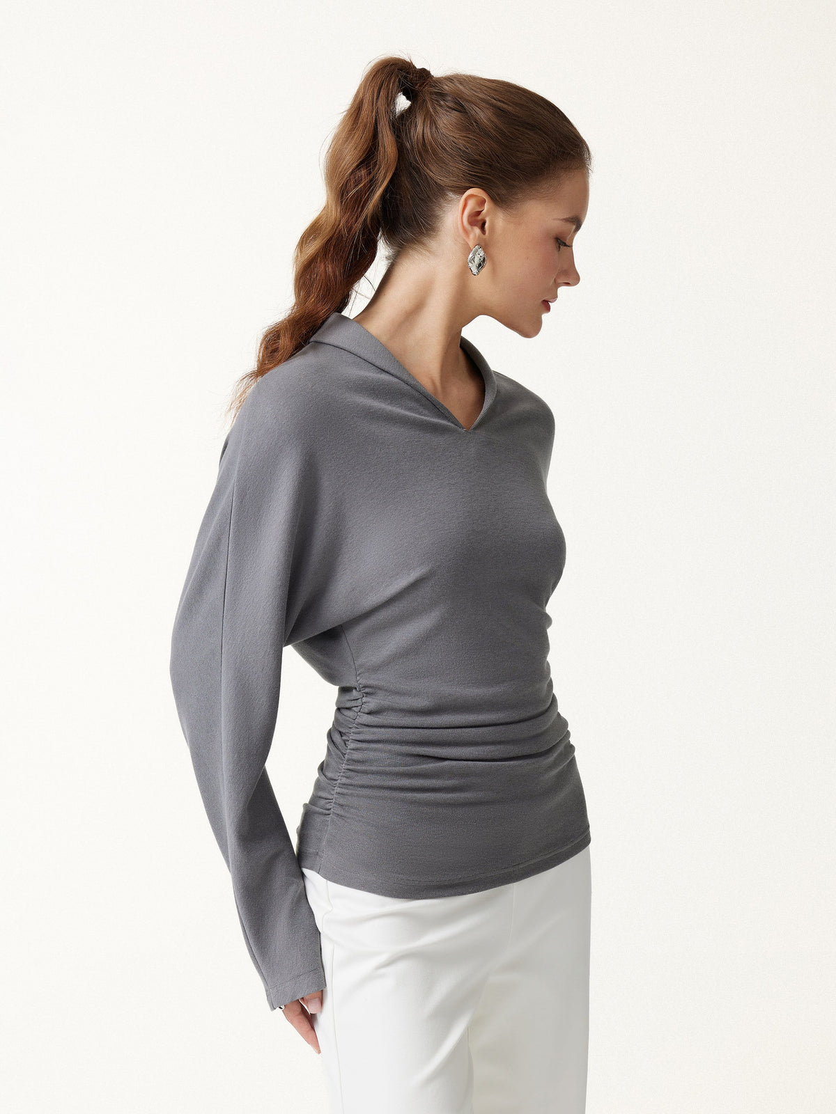 LiteWarm V-Neck Long Sleeve Ruched Cinched-Waist Top