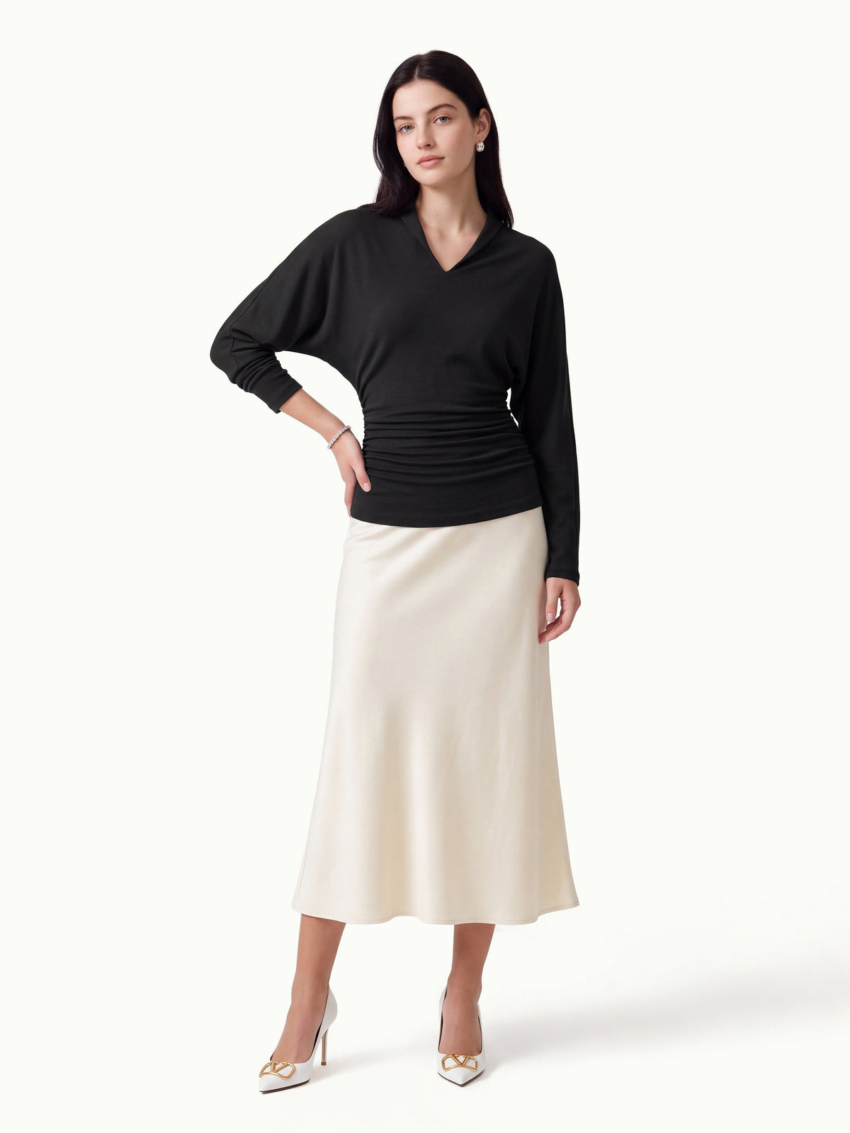LiteWarm V-Neck Long Sleeve Ruched Cinched-Waist Top
