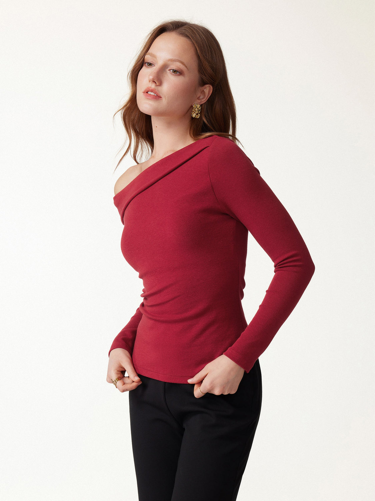 LiteWarm Asymmetrical Neck Long Sleeve Built-In Bra Top 2.0