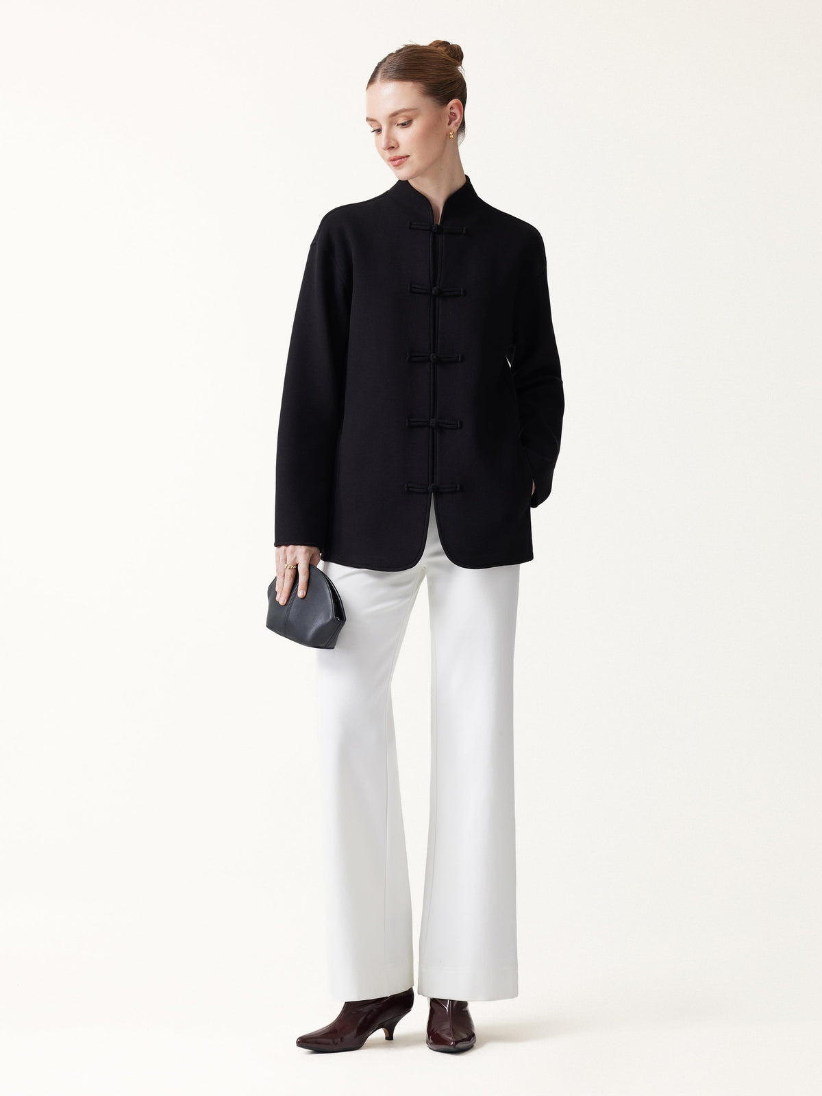 FuzzLuxe Mandarin Collar Frog-Button Jacket with Pockets