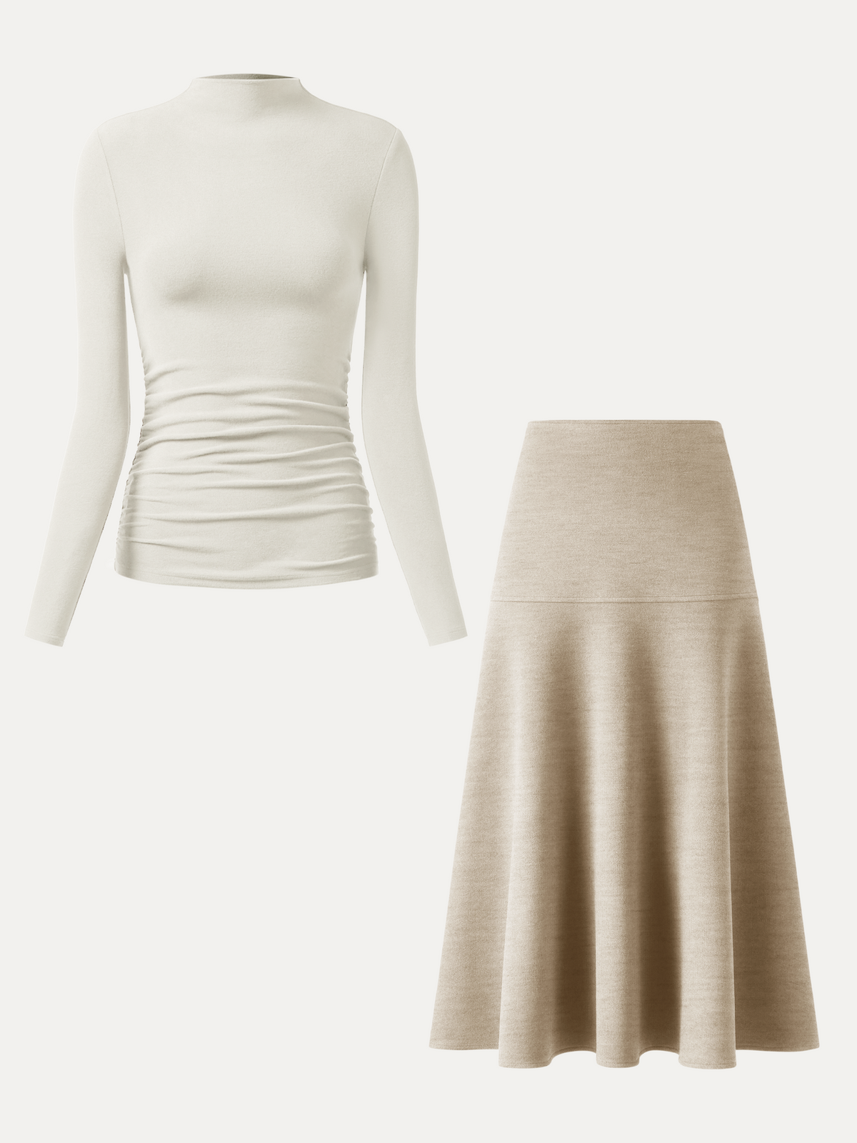 2Pcs Set Ruched Sides Tuckable Mockneck Top & Flared Midi Skirt
