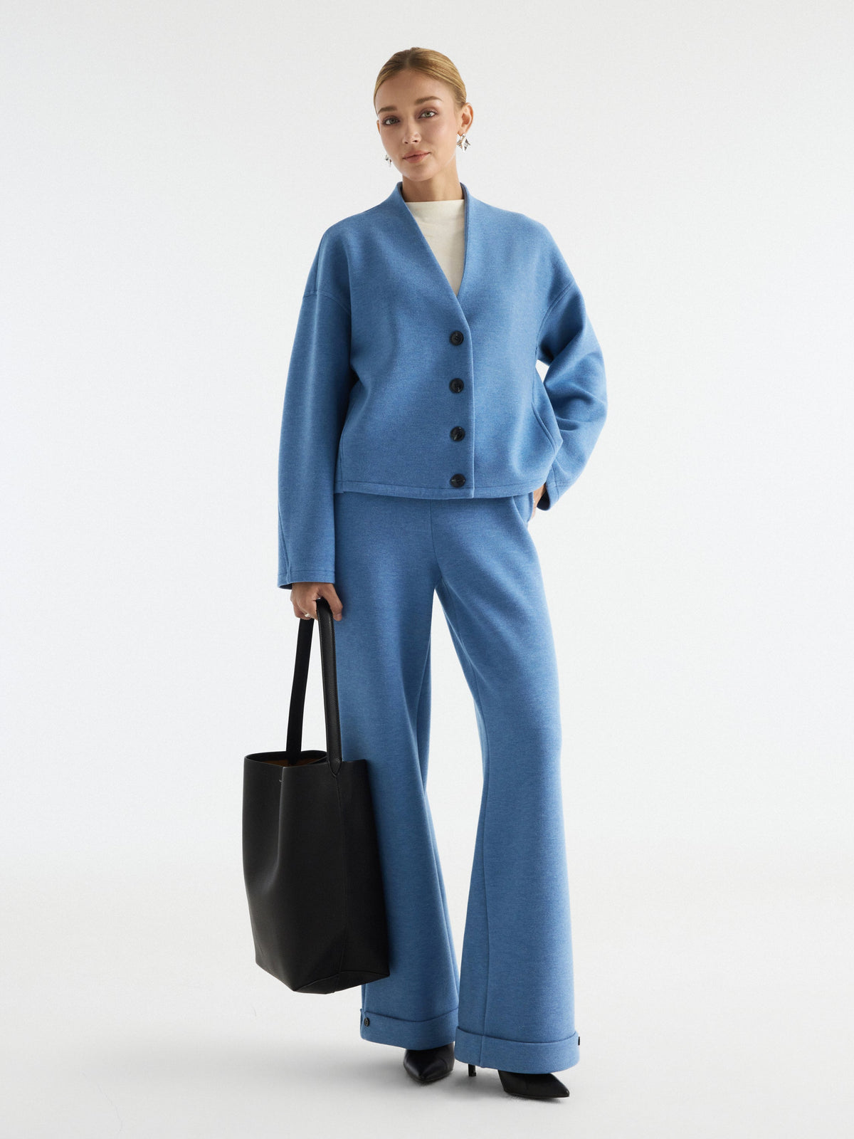 2Pcs Set V-Neck Button-Down Cardigan with Pockets & High-Rise Wide-Leg Pants with Pockets