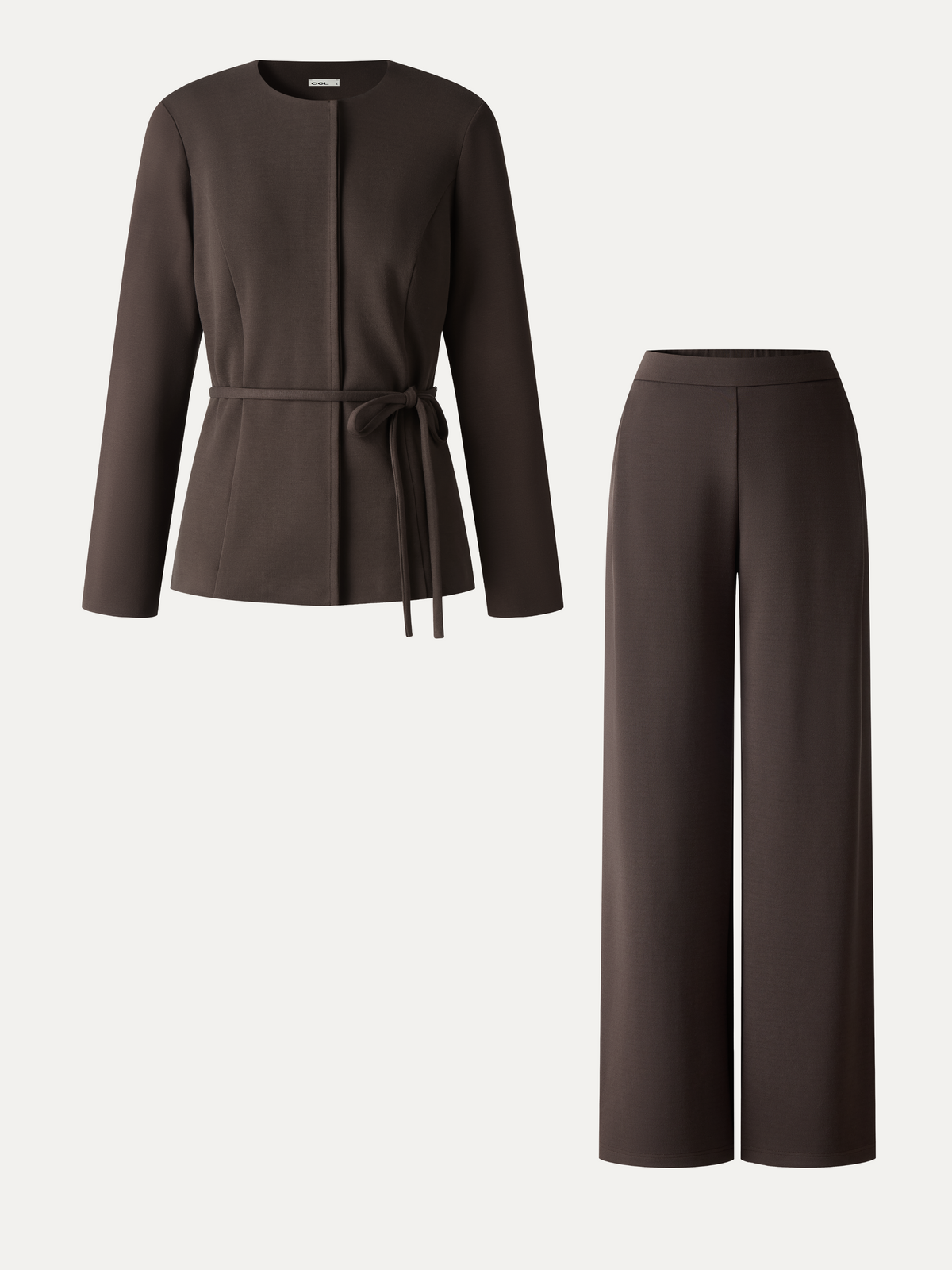 2Pcs Set Round Neck Belted Jacket with Pockets & High-Rise Wide-Leg Pants with Pockets