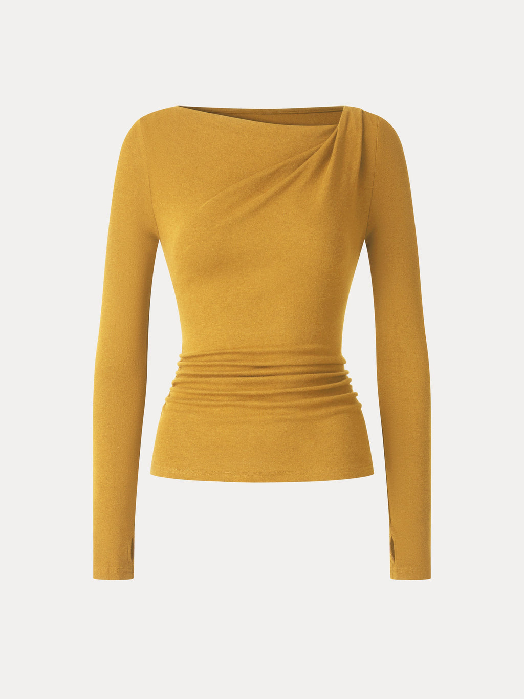 LiteWarm Asymmetrical Neck Long Sleeve Ruched Top