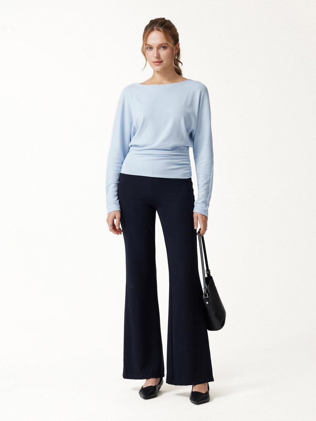 LiteWarm Slash Neck Batwing Sleeve Cinched Waist Top