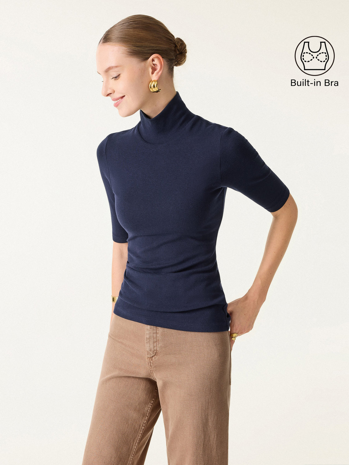 LiteWarm Essential Turtleneck Elbow Length Sleeve Built-In Bra Top 3.0
