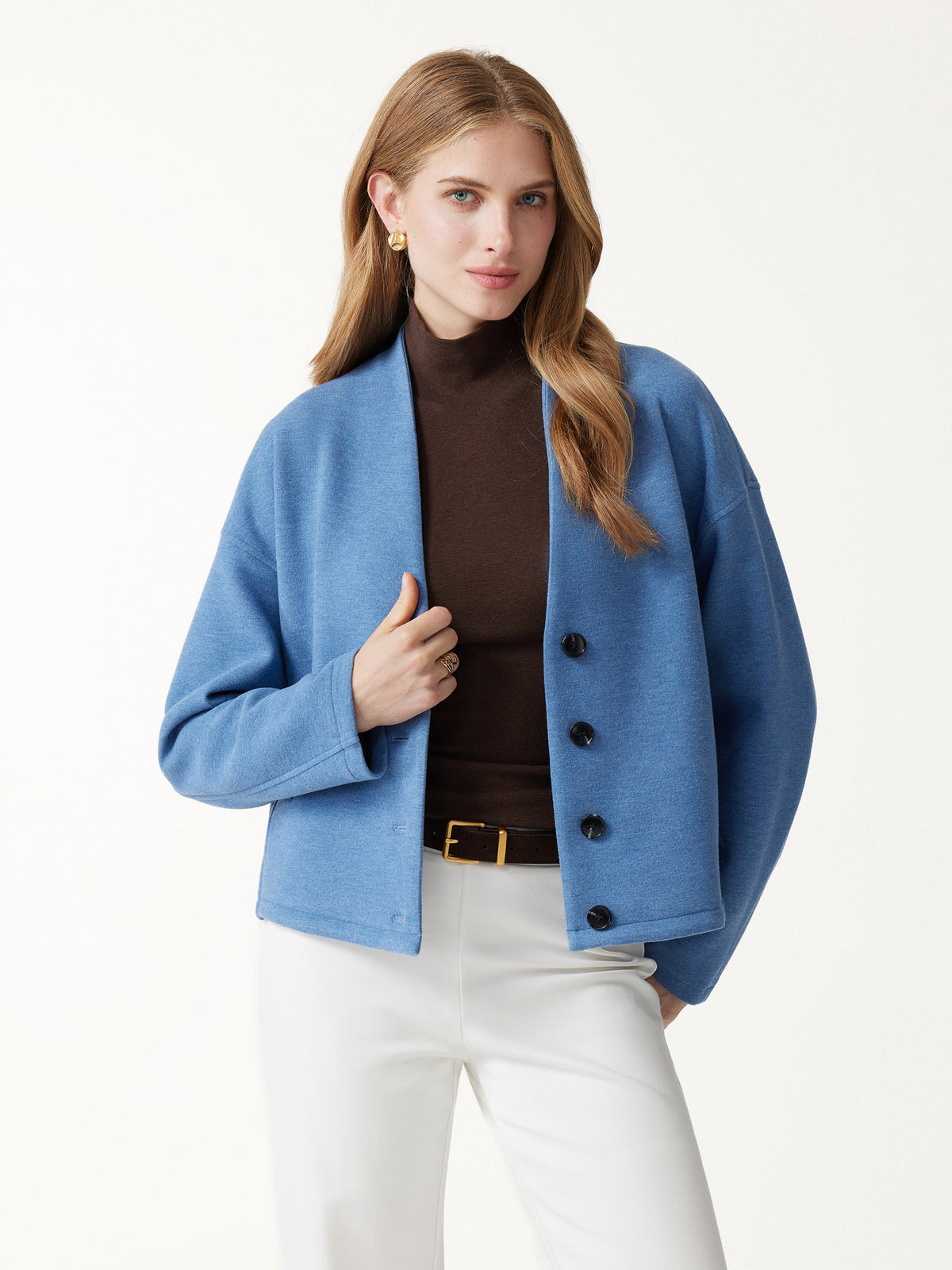 2Pcs Set V-Neck Button-Down Cardigan with Pockets & High-Rise Wide-Leg Pants with Pockets