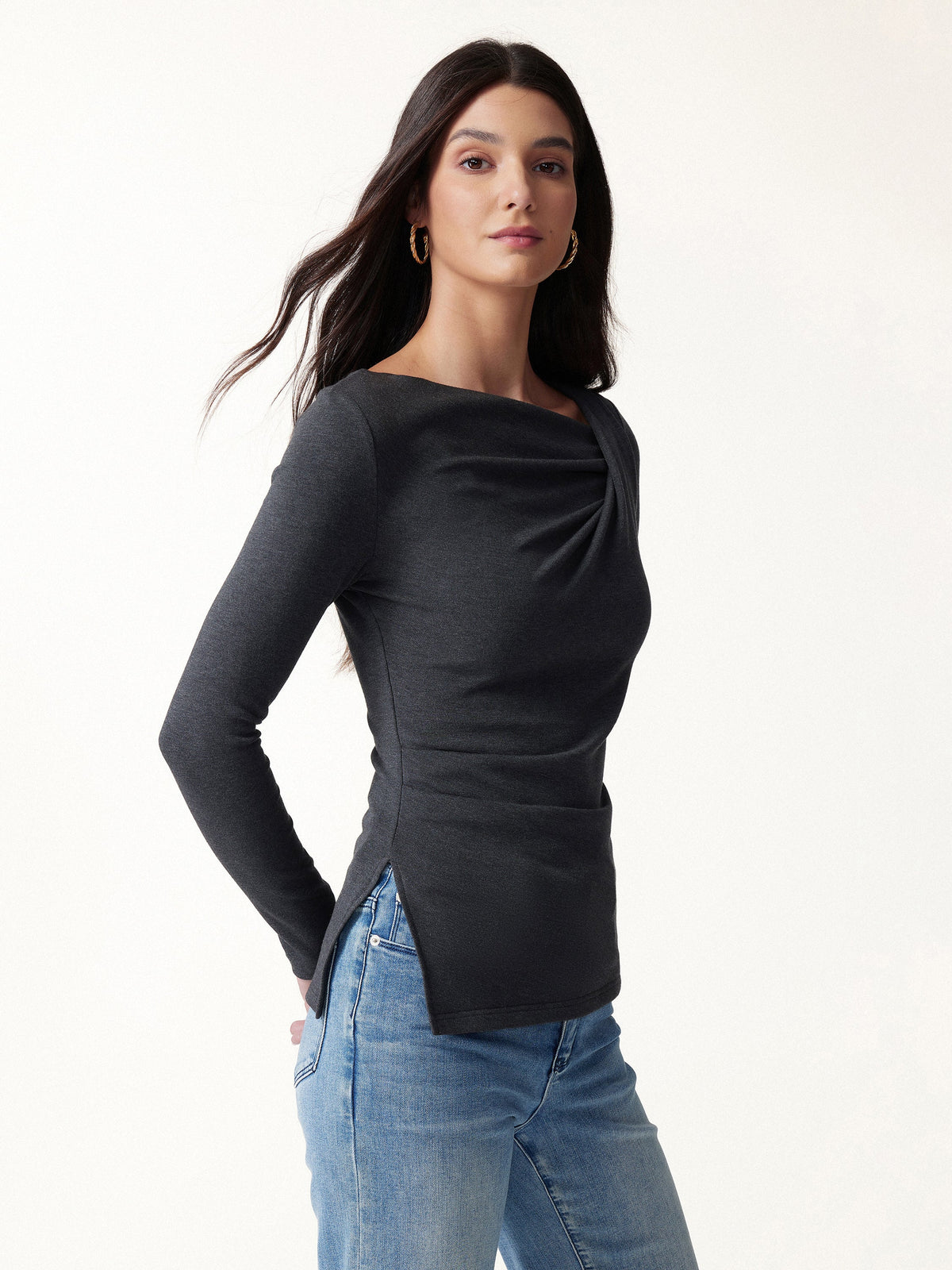 LiteWarm Asymmetrical Neck Long Sleeve Tucked-Waist Top