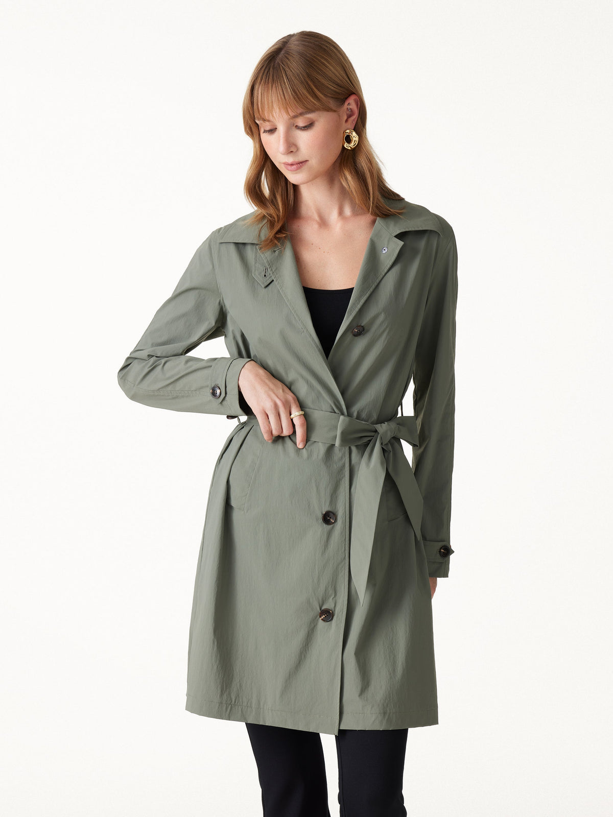 Lightweight Water-Repellent Notched Collar Trench Coat with Pockets