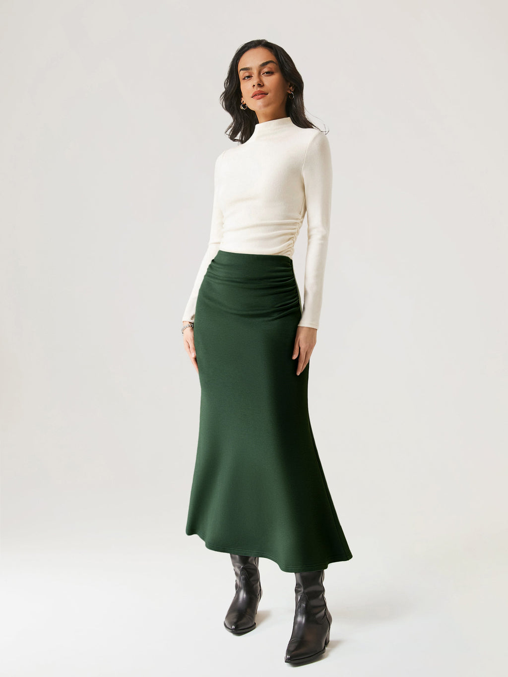 2Pcs Set Prowarm Ruched Sides Mockneck Top & Mermaid Maxi Skirt