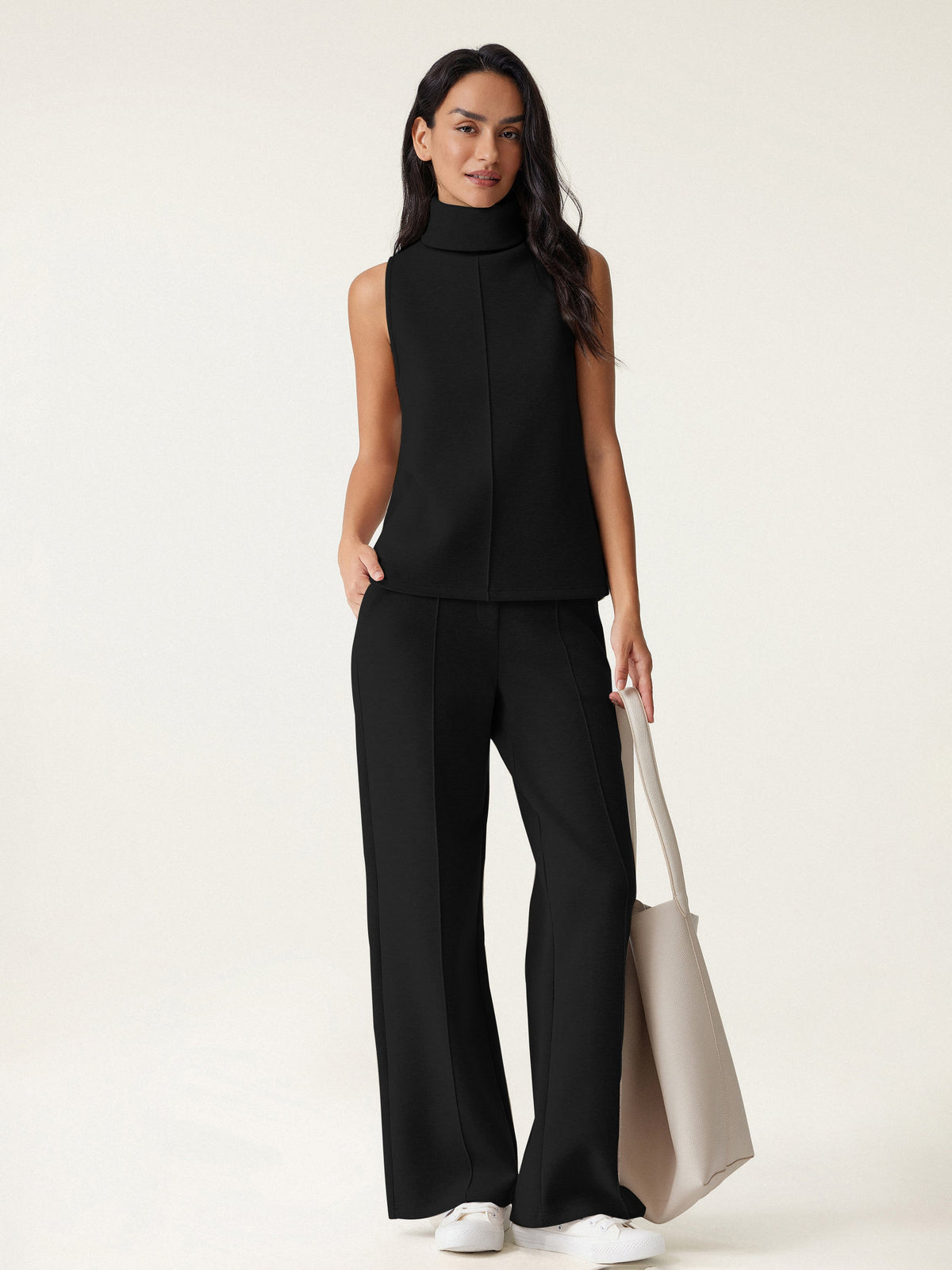 2Pcs Set Regular Split Hem Top & High Waisted Warm Straight Leg Pull On Pant