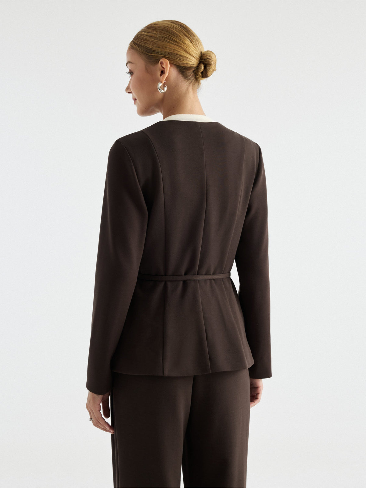 2Pcs Set Round Neck Belted Jacket with Pockets & High-Rise Wide-Leg Pants with Pockets