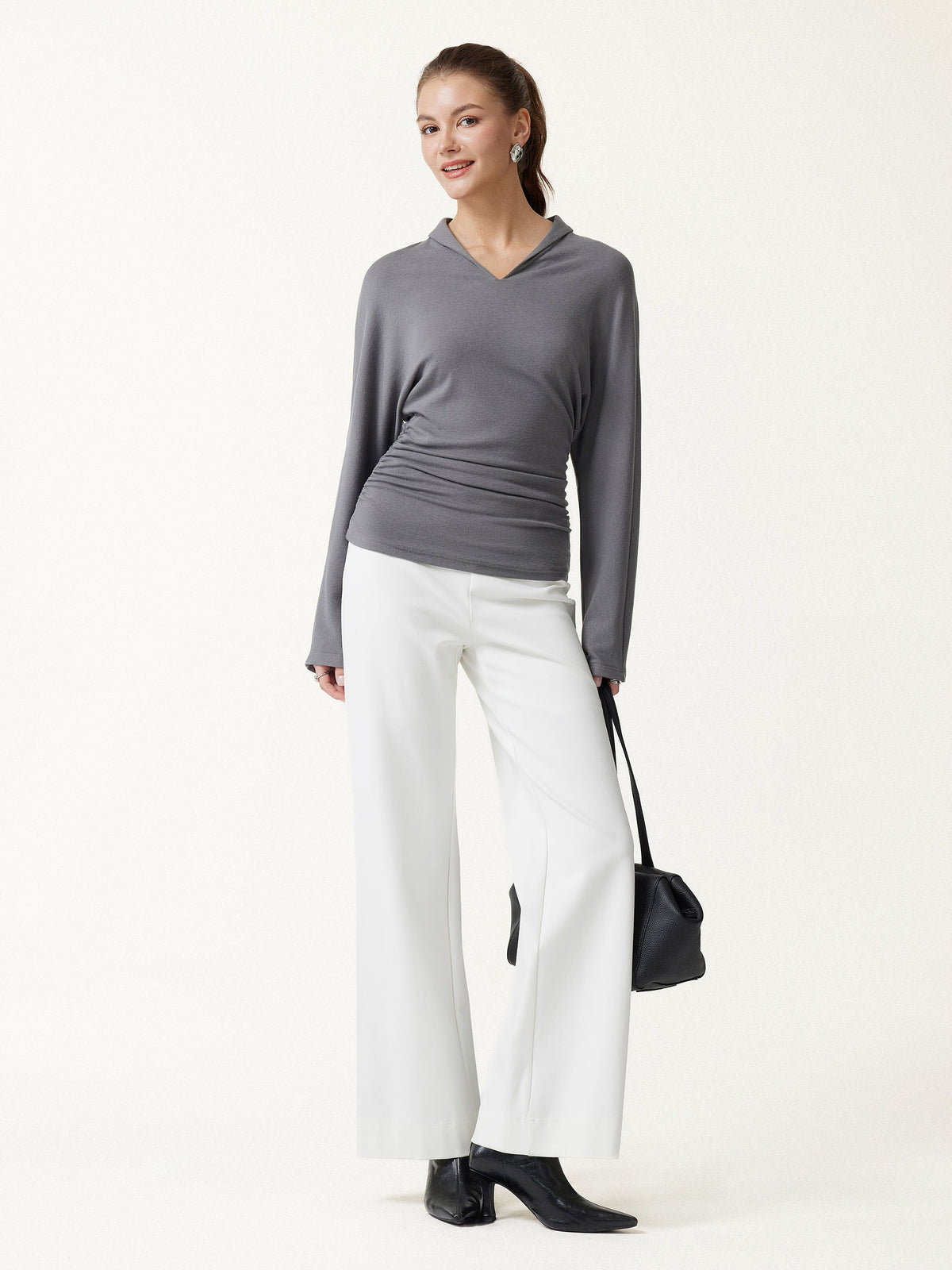 LiteWarm V-Neck Long Sleeve Ruched Cinched-Waist Top