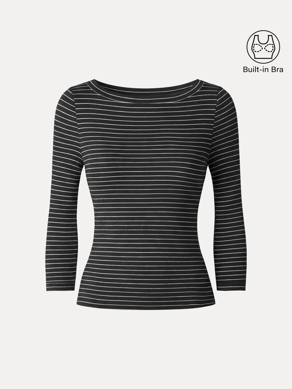 LiteWarm Striped Parisian Boatneck 3/4 Sleeve Built-In Bra Top 2.0