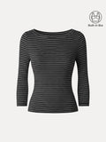 LiteWarm Striped Parisian Boatneck 3/4 Sleeve Built-In Bra Top 2.0