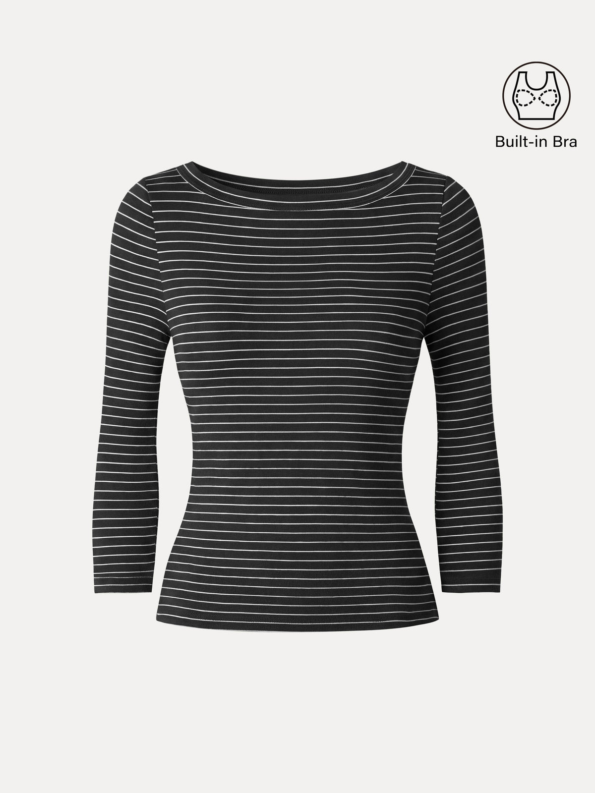 LiteWarm Striped Parisian Boatneck 3/4 Sleeve Built-In Bra Top 2.0