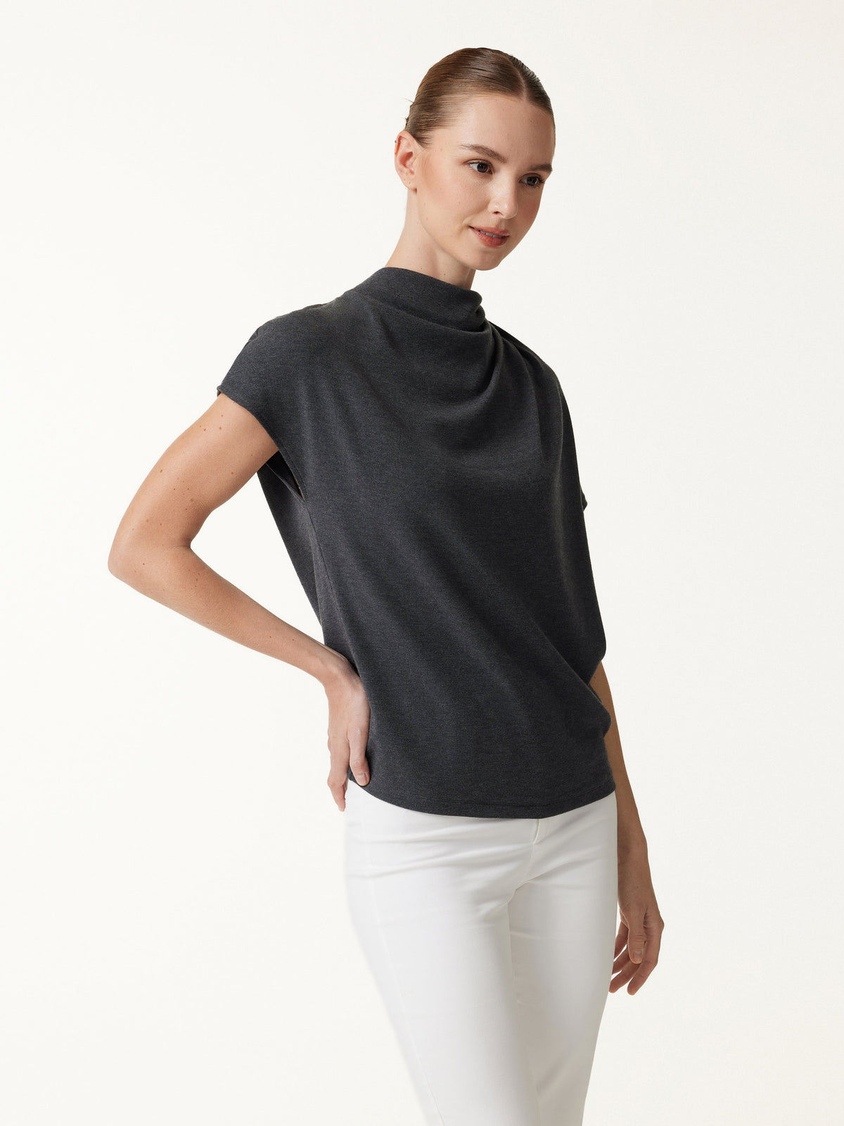 LiteWarm Draped Mock Neck Cap Sleeve Top