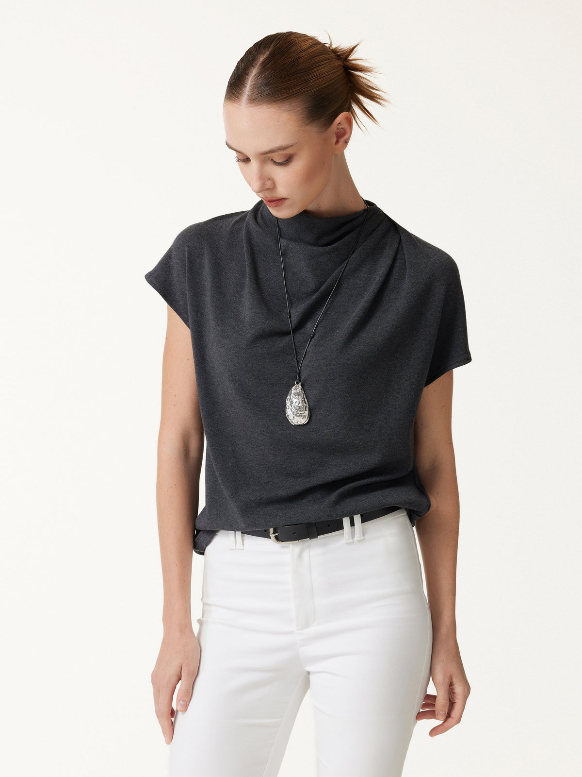 LiteWarm Draped Mock Neck Cap Sleeve Top