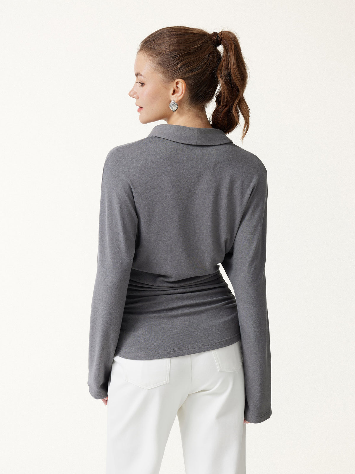 LiteWarm V-Neck Long Sleeve Ruched Cinched-Waist Top