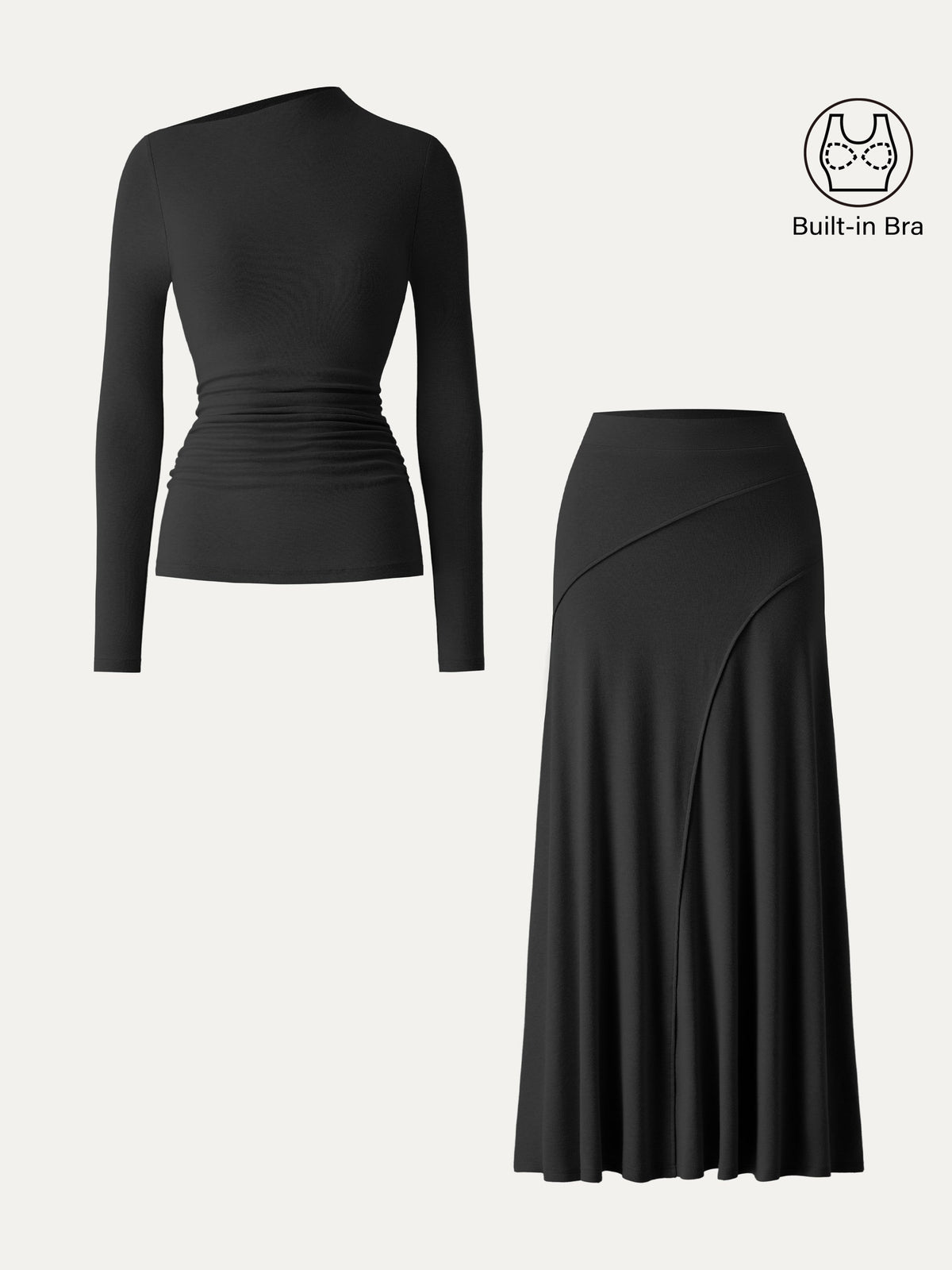 2Pcs Set LiteWarm Asymmetrical Built-In Bra Top 2.0 & A-Line Midi Skirt