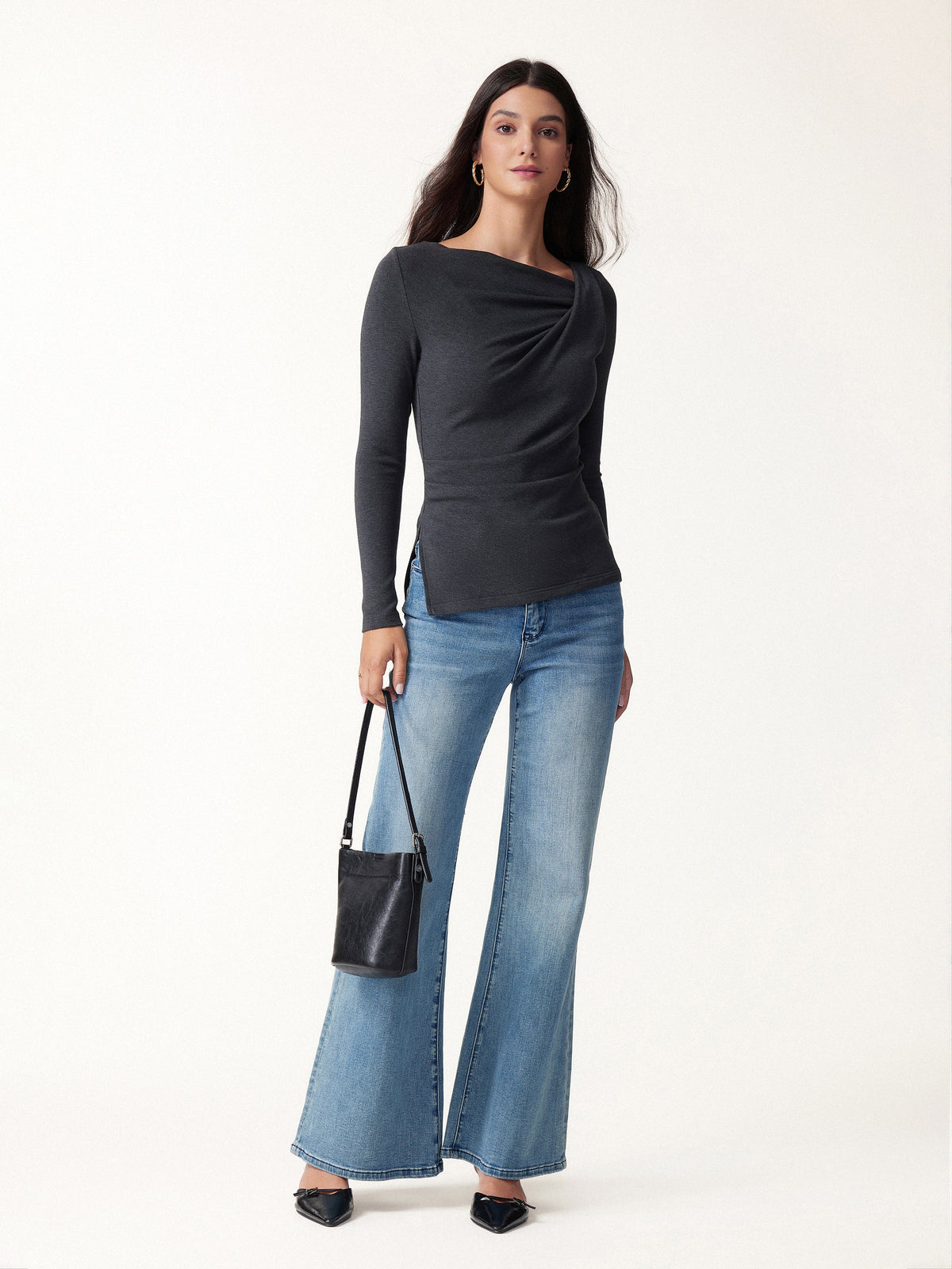 LiteWarm Asymmetrical Neck Long Sleeve Tucked-Waist Top