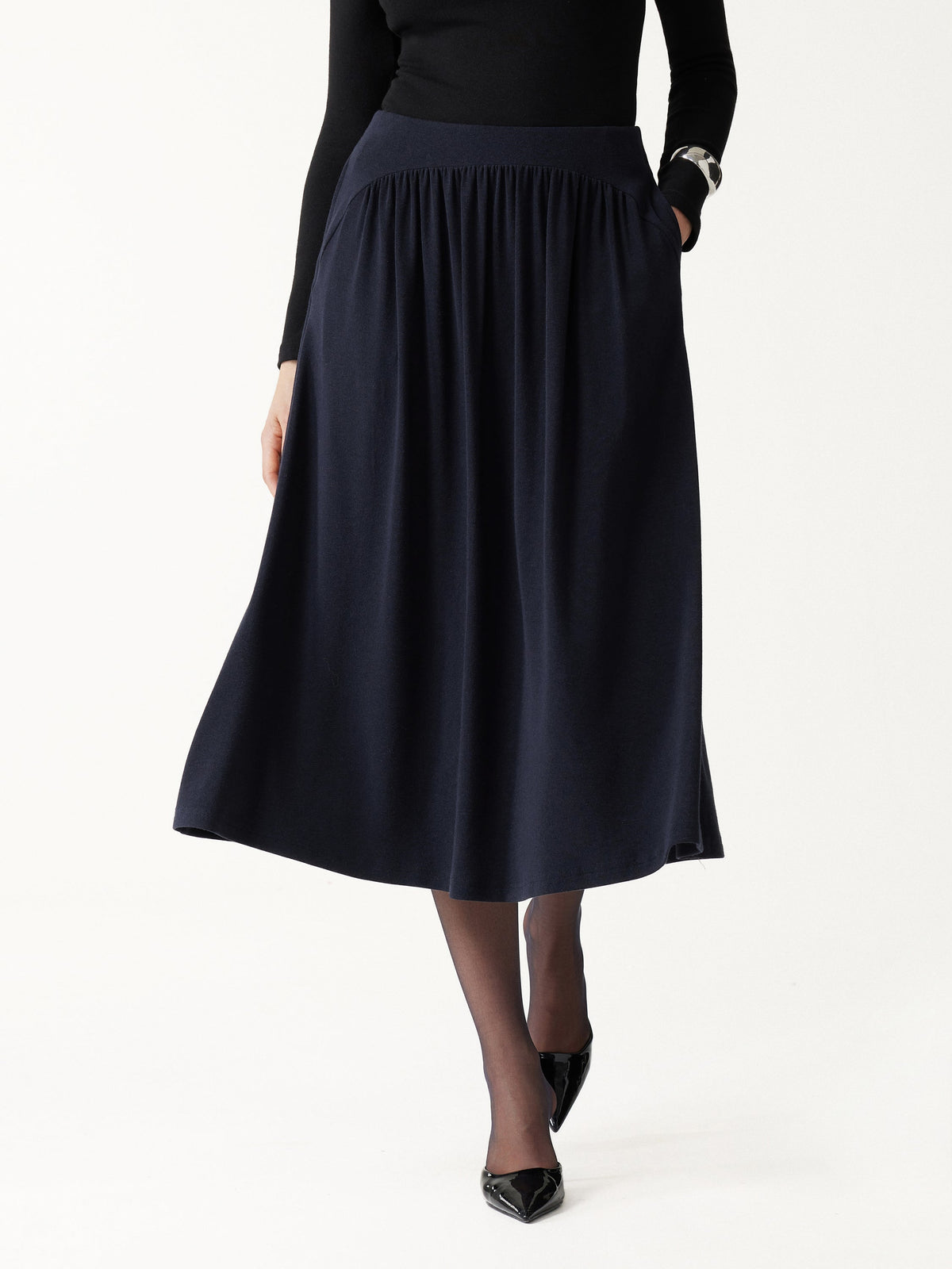 LiteWarm High-Rise Gathered A-Line Midi Skirt with Pockets