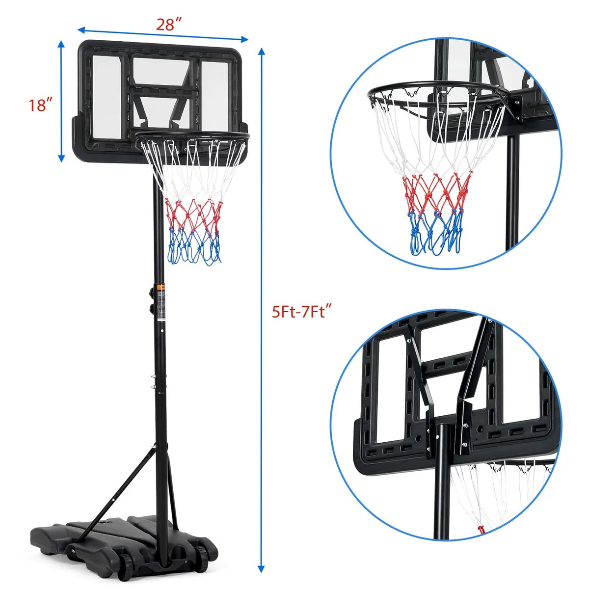 Garvee Portable Kids Basketball Hoop System, 5.4ft to 7ft Height Adjustable Basketball Goal with 28-Inch Backboard, Fillable Base & Built-in Wheels for Youth Indoor Outdoor Play - Grey