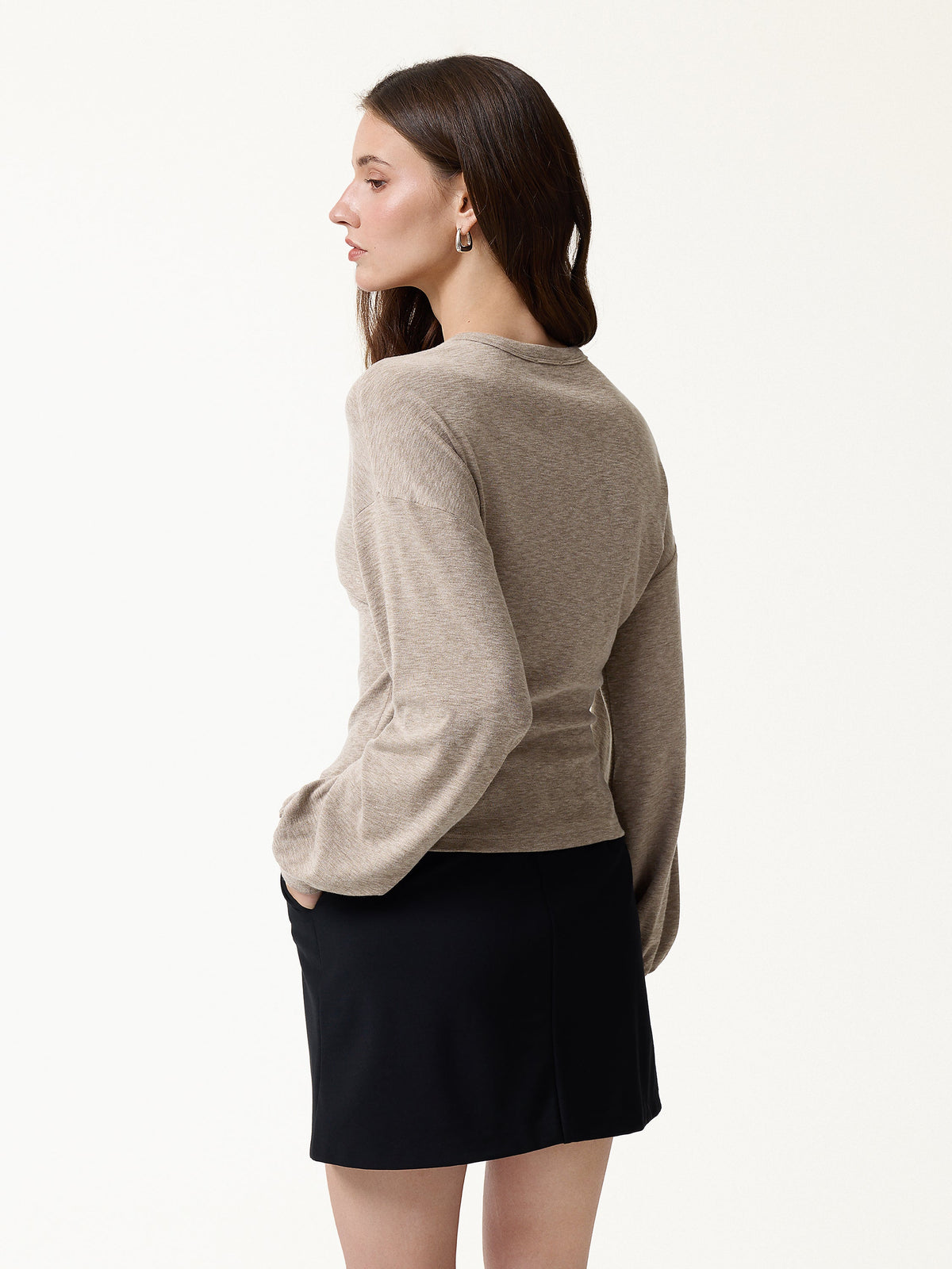 LiteWarm Slub Ribbed Henley Neck Batwing Sleeve Close-Fit Hem Top