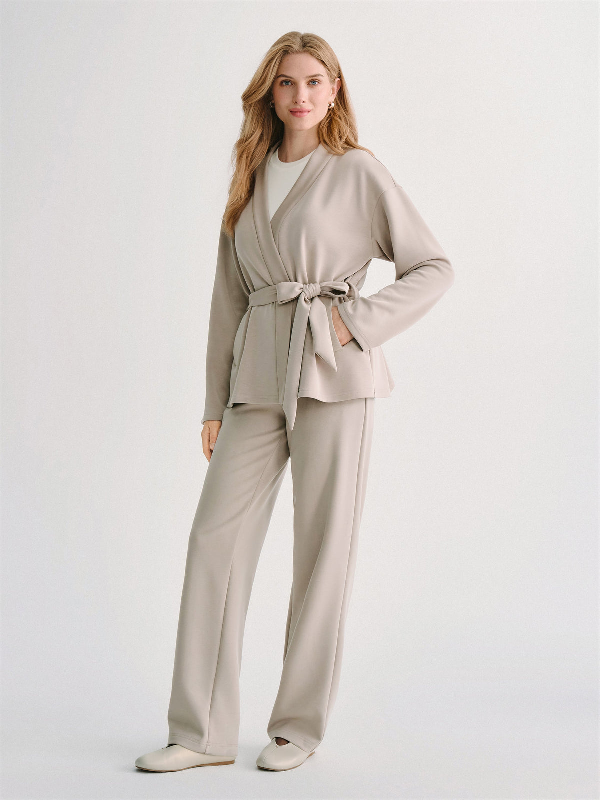 2Pcs Set MaxWarm Belted Wrap Cardigan Coat with Poclets & High-Rise Straight-Leg Pants with Pockets