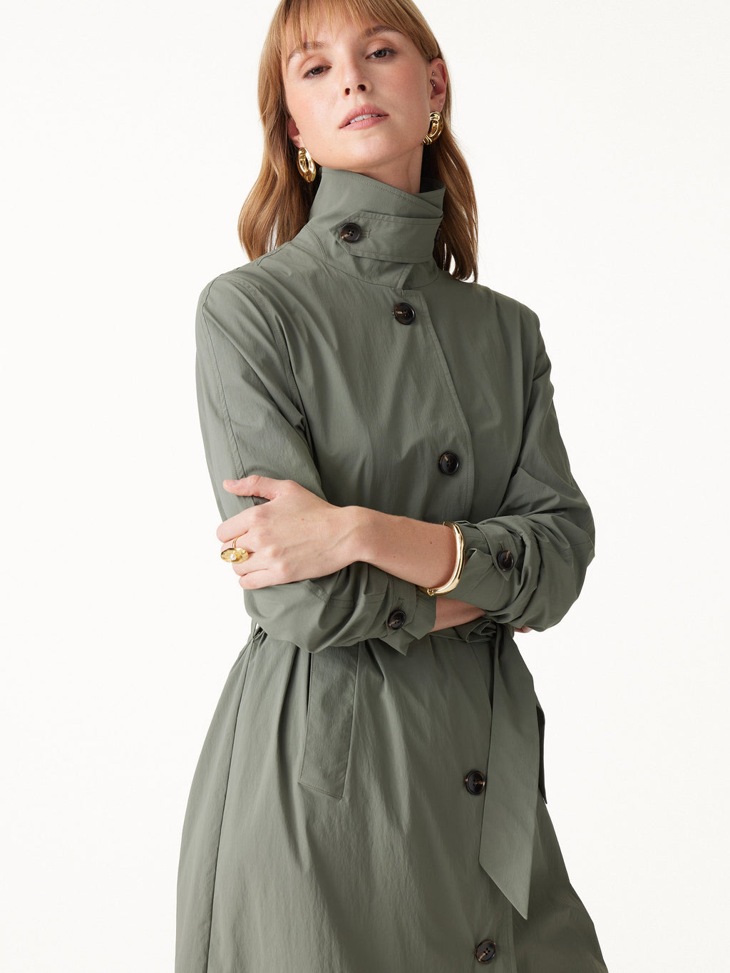 Lightweight Water-Repellent Notched Collar Trench Coat with Pockets