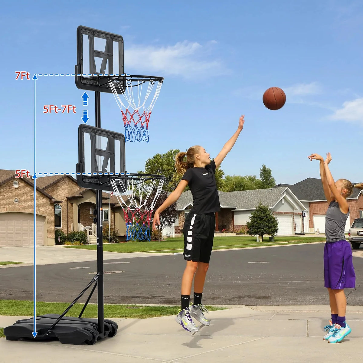 Garvee Portable Kids Basketball Hoop System, 5.4ft to 7ft Height Adjustable Basketball Goal with 28-Inch Backboard, Fillable Base & Built-in Wheels for Youth Indoor Outdoor Play - Grey
