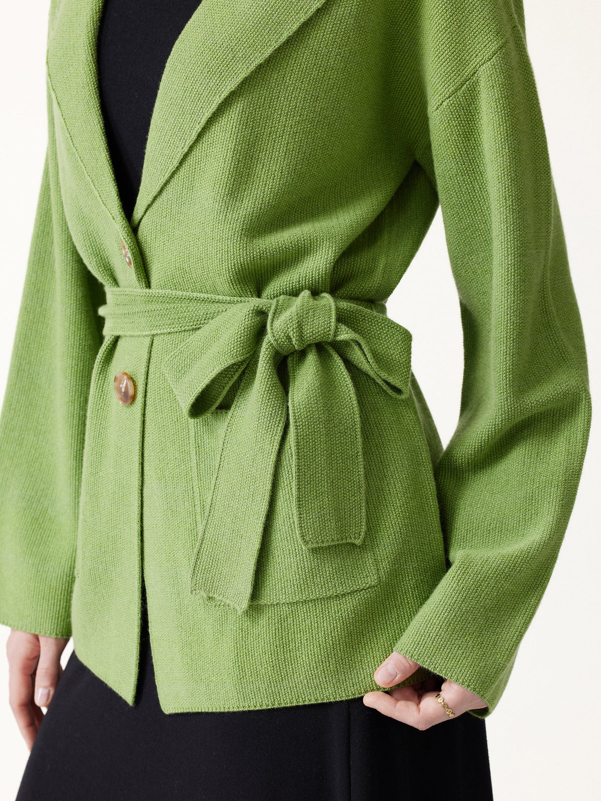 Merino Blend Peaked Lapel Long Sleeve Belted Cardigan with Pockets