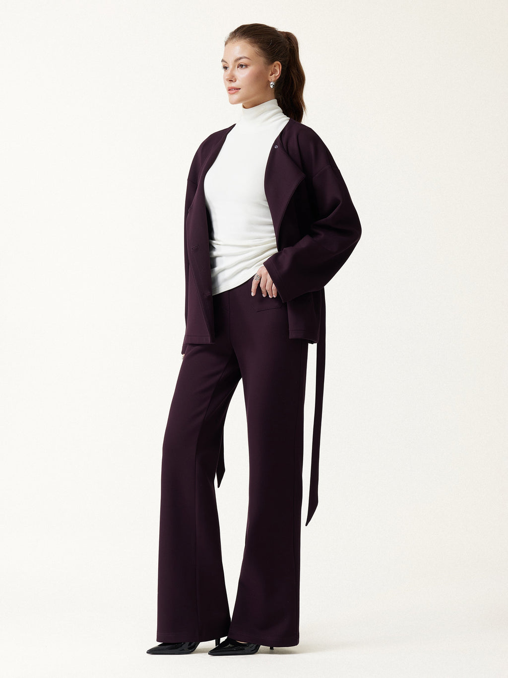 2Pcs Set Round Neck Long Sleeve Belted Jacket with Pockets & Mid-Rise Flared Pants with Pockets