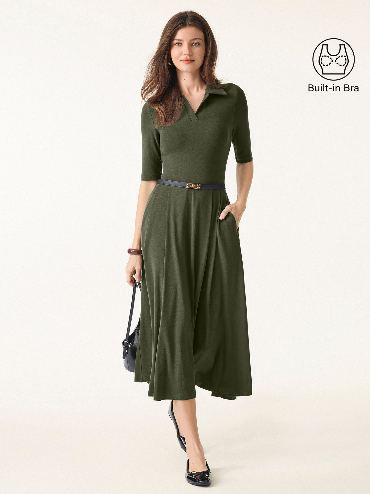 LiteWarm Polo Neck Elbow Length Sleeve Midi Built-In Bra Dress 2.0 with Pockets