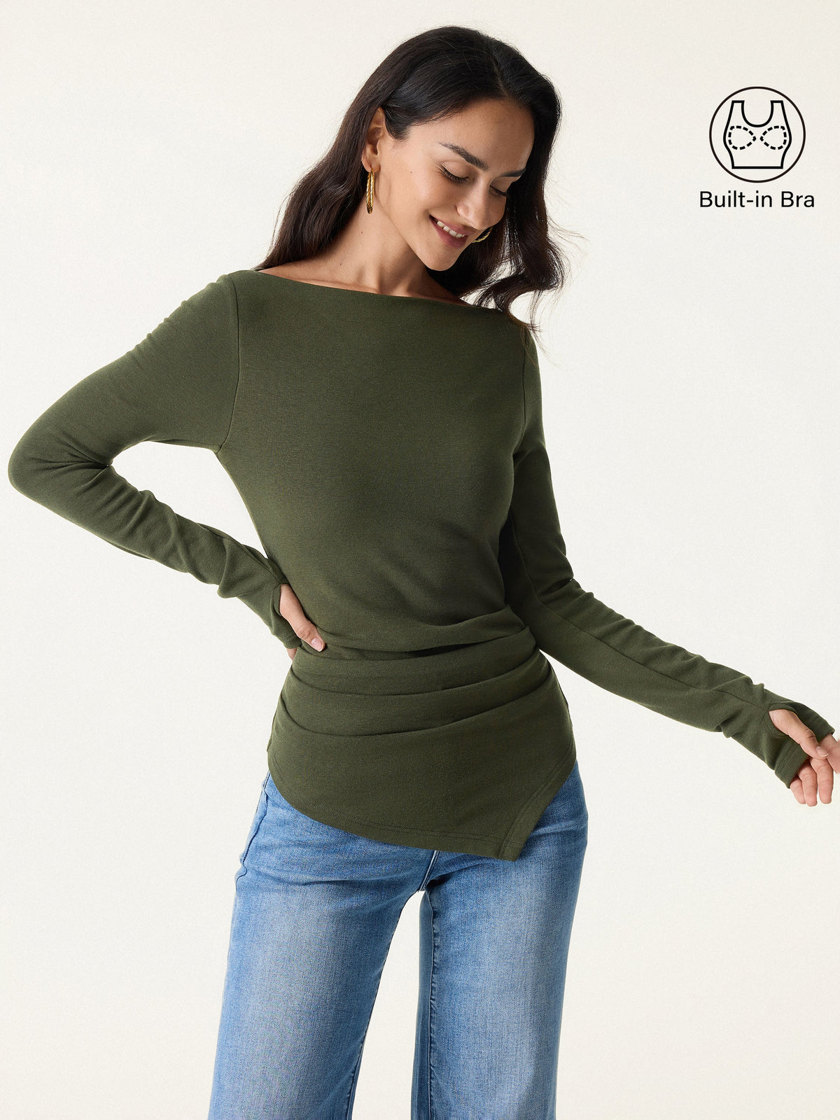 ProWarm Boatneck Side Tucks Asymmetrical Built-In Bra Top 2.0