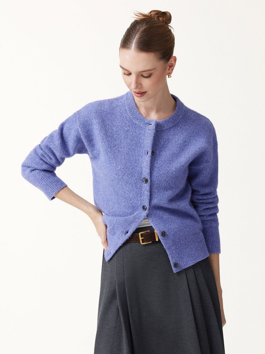 Luxe Halo Wool Blend Round Neck Cardigan Sweater
